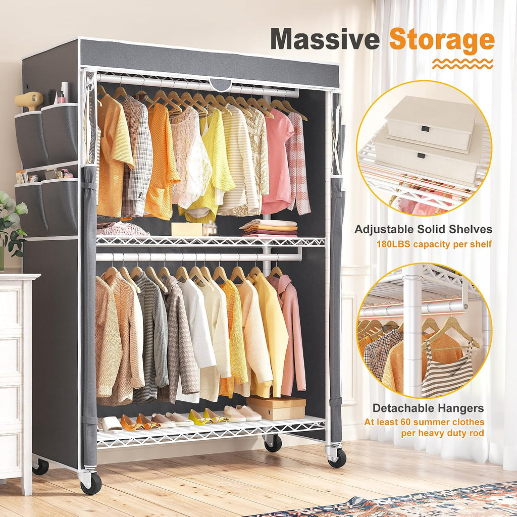 Raybee Rolling Clothes Rack with Cover, Clothing Racks for Hanging Clothes, Heavy Duty Portable Closet with Adjustable Shelves, Garment Rack for Bedroom, Tool-Free Assembly, Max Load 440LBS, White