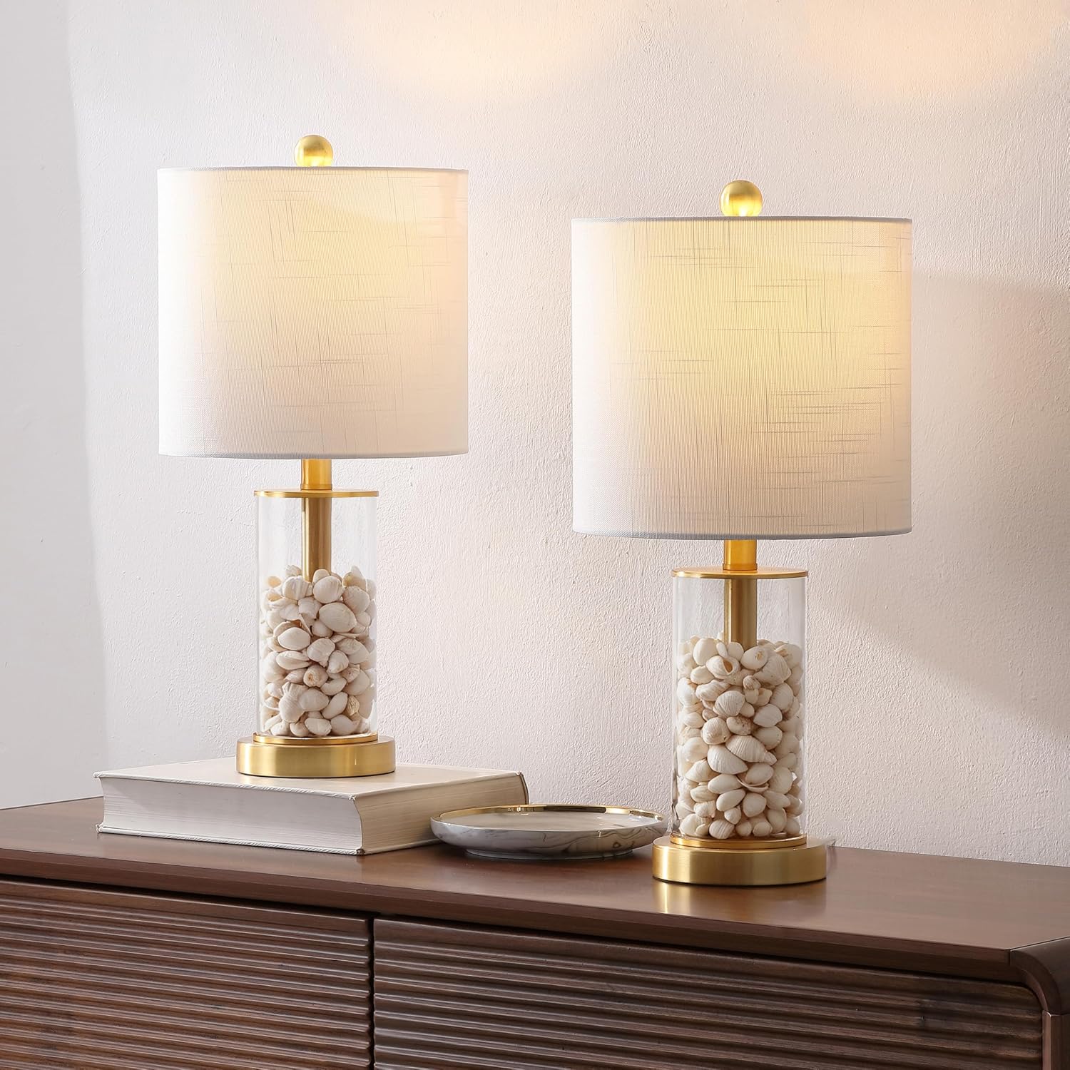 JONATHAN Y 20.5' Brass Gold Fillable Glass Table Lamp Set of 2, Modern Nightstand Lamps for Living Room Bedroom Office, White Linen Shade, LED Bulbs Included (JYL8508B-SET2)