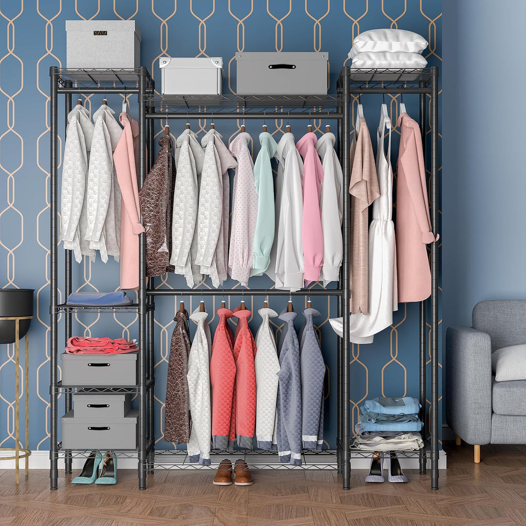 Garment Rack Heavy Duty Clothes Rack for Hanging Clothes,Metal Garment Rack,Freestanding Clothing Rack,Adjustable Custom Closet Rack,54' L x 13.8' W x 75.8' H, Max Load 750LBS,Black