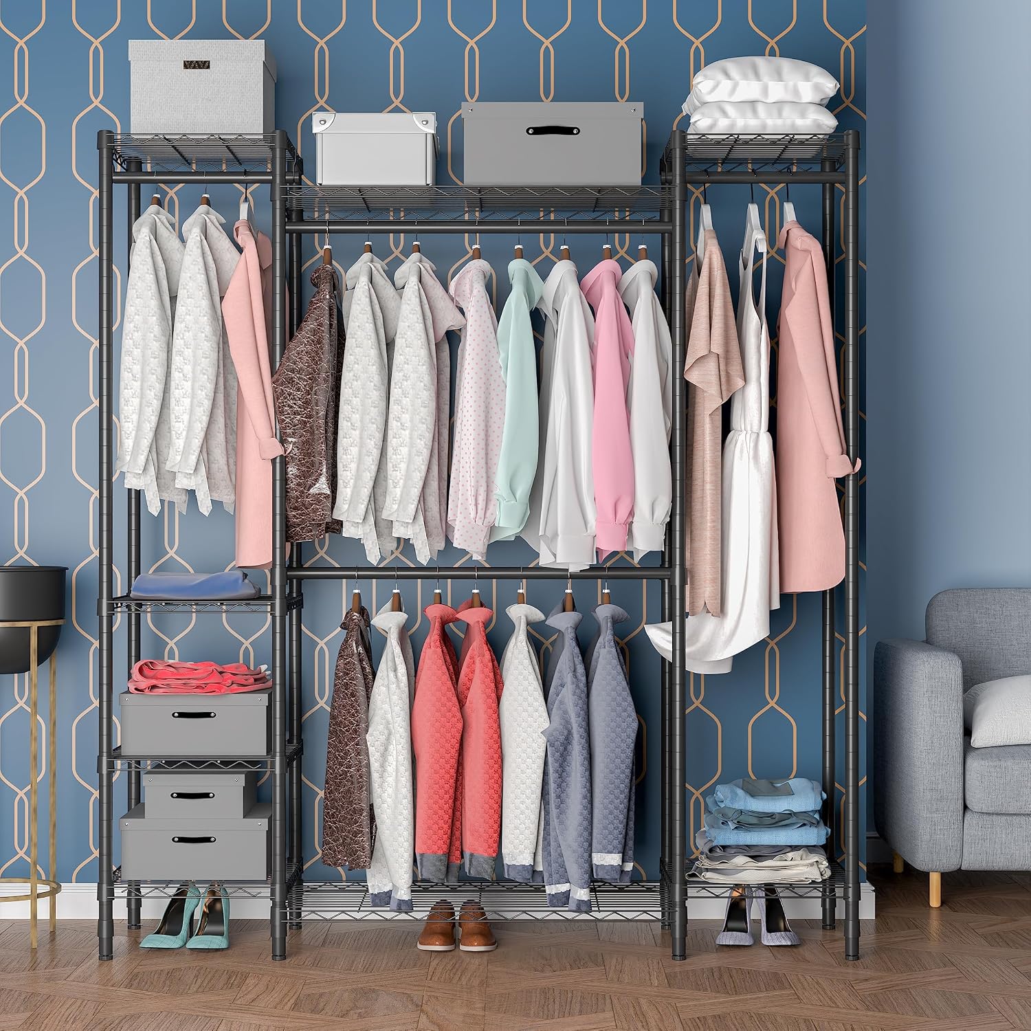 Garment Rack Heavy Duty Clothes Rack for Hanging Clothes,Metal Garment Rack,Freestanding Clothing Rack,Adjustable Custom Closet Rack,54' L x 13.8' W x 75.8' H, Max Load 750LBS,Black