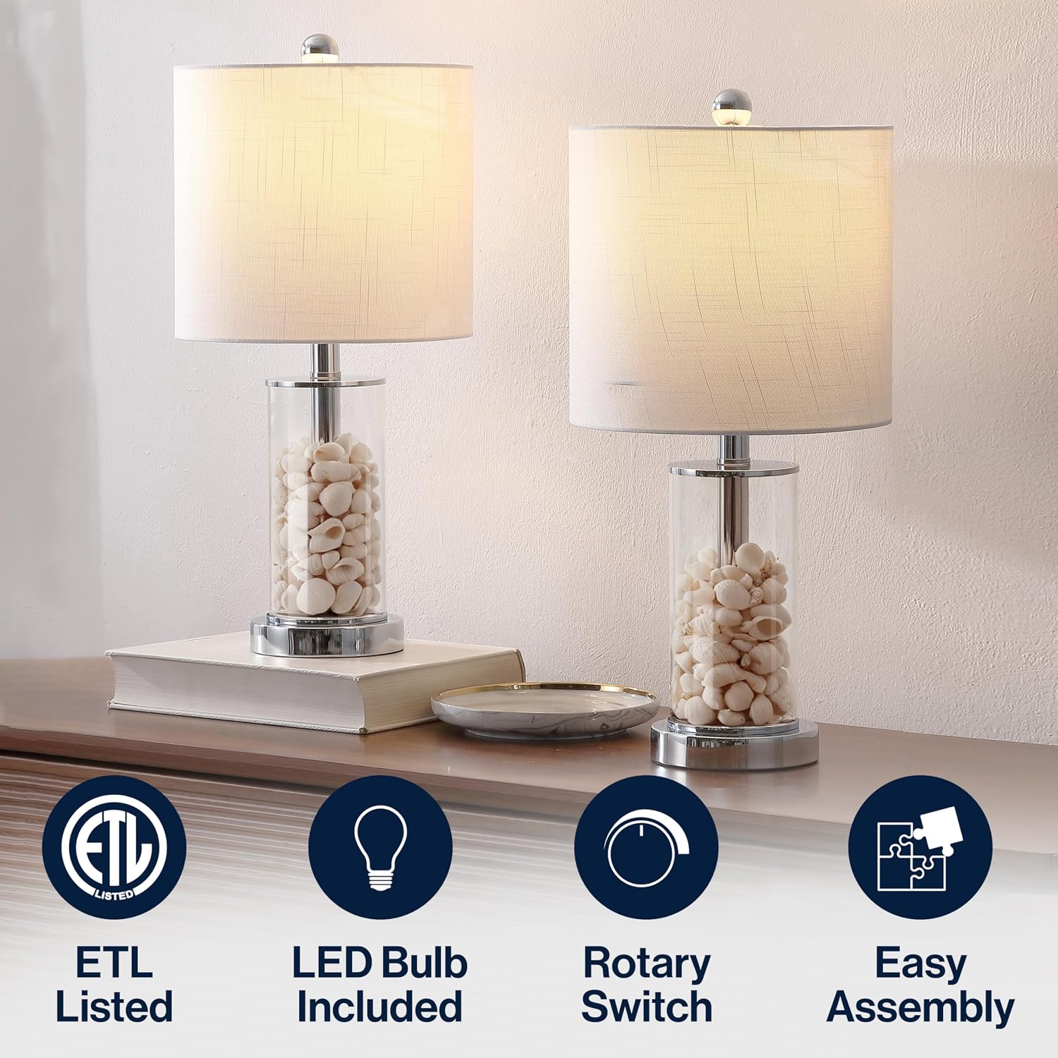 JONATHAN Y 20.5' Chrome Fillable Glass Table Lamp Set of 2, Modern Nightstand Lamps for Living Room Bedroom Office, White Linen Shade, LED Bulbs Included (JYL8508C-SET2)