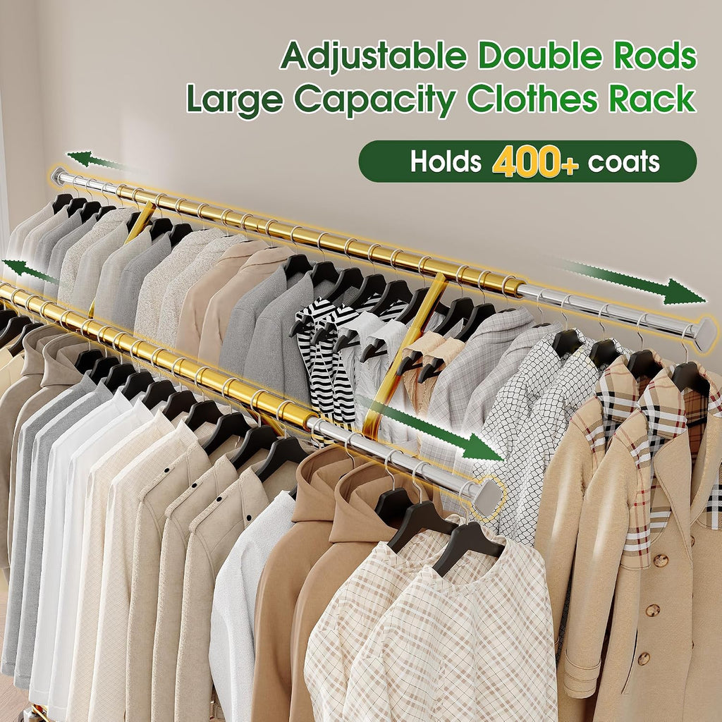 Raybee Heavy Duty Clothes Rack 630LBS, Double Rods Clothing Rack with Storage Basket, Portable Garment Rack for Heavy Clothes, Extendable & Adjustable, Bedroom, Closet, Commercial, Gold
