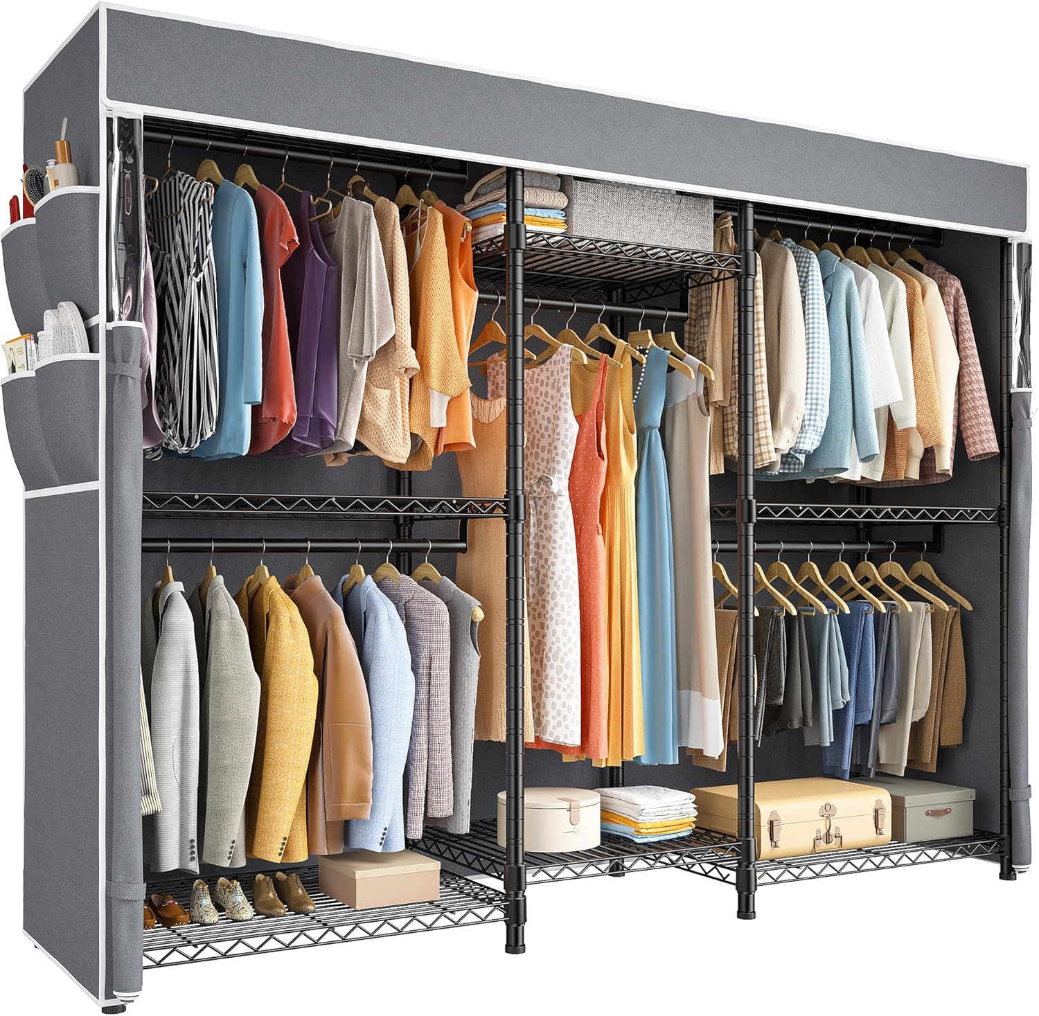 Raybee Clothes Rack with Cover,Clothing Racks for Hanging Clothes,Portable Closet, Adjustable,Metal,Max Load 900lbs,Black