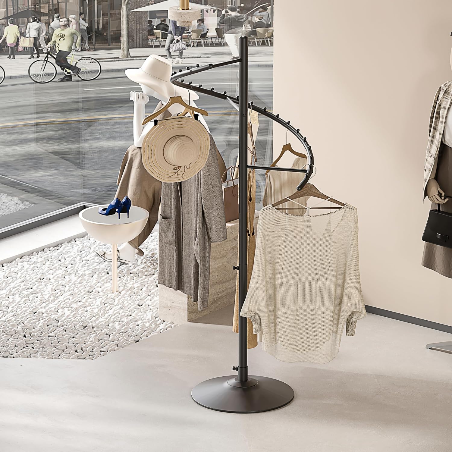 HKaikzo Freestanding 360° Rotating Clothing Rack, Height Adjustable Heavy Duty Metal Spiral Garment Display Rack Modern Coat Stand for Shops, Boutique, Entrance Hall, Bedroom Space Saving