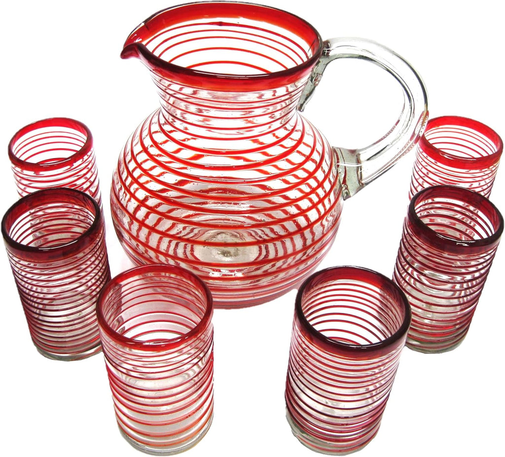Ruby Red Spiral 120 oz Pitcher and 6 Drinking Glasses set, Recycled Glass, Lead-free, Toxin-Free (Pitcher & Glasses)
