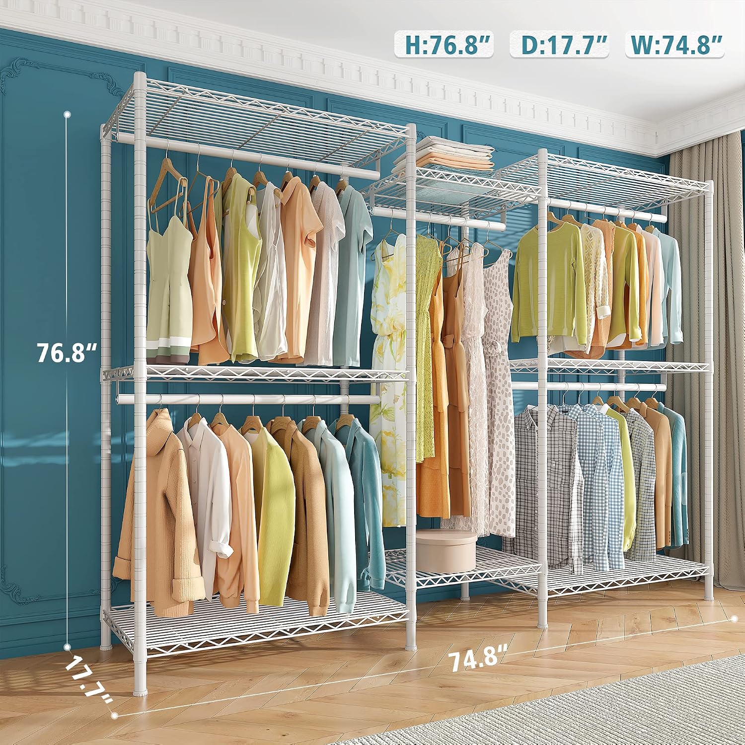Raybee Clothing Rack for Hanging Clothes,Heavy Duty Clothes Rack with Shelves,Portable Closet,Adjustable,Metal,Max Load 900lbs,White