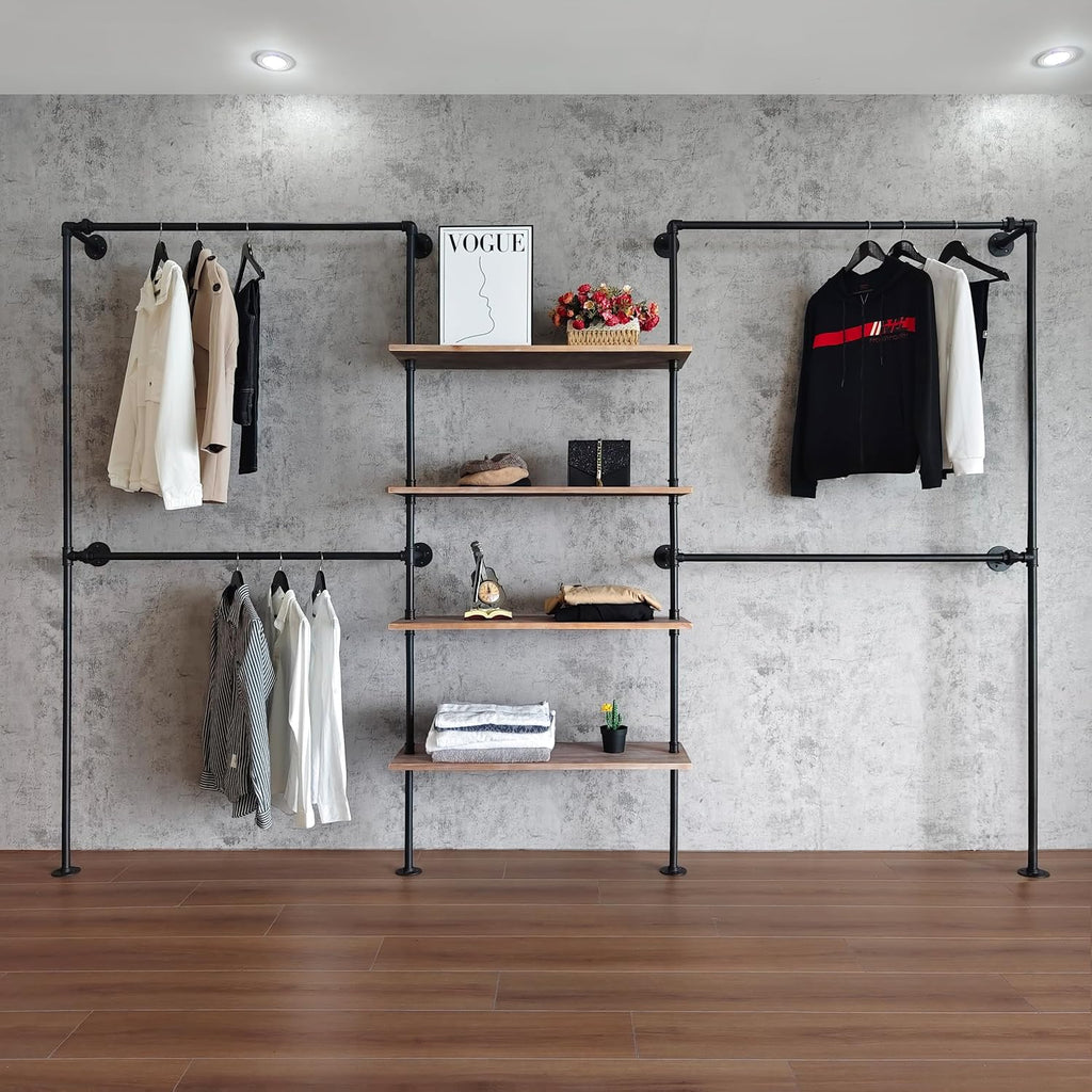 Industrial Pipe Clothing Rack Wall Mounted, DIY Custom Closet System with Shelves, Heavy Duty Garment Hanging Rack for Walk in Closet, Laundry Room, Retail Display, 14.6x122.8x82.7 in, Y05