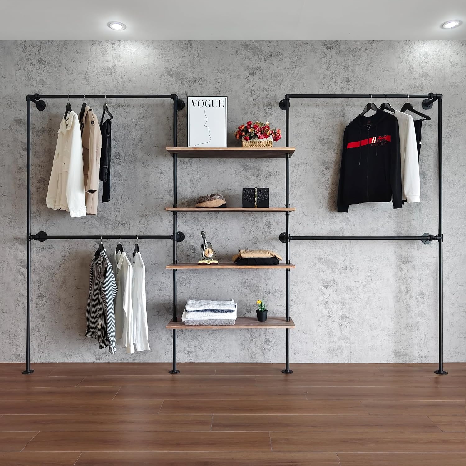 Industrial Pipe Clothing Rack Wall Mounted, DIY Custom Closet System with Shelves, Heavy Duty Garment Hanging Rack for Walk in Closet, Laundry Room, Retail Display, 14.6x122.8x82.7 in, Y05