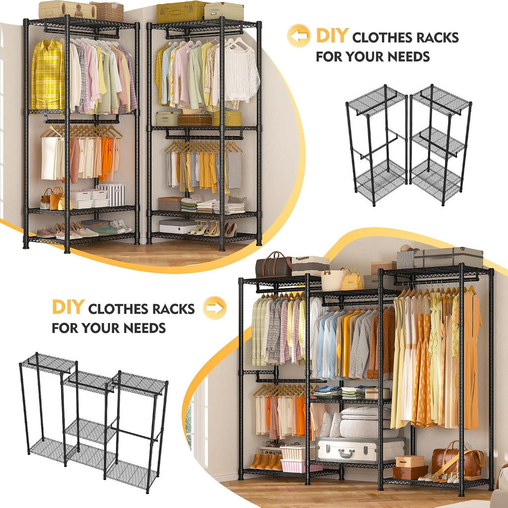 Raybee Clothes Rack Load 900Lbs, Heavy Duty Clothing Rack for Hanging Clothes Freestanding Portable Closet 77' H x 69'' W x 16'' D,Black