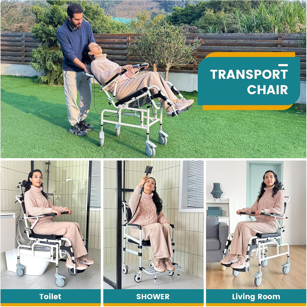 Eosprim Reclining Shower Chair with Wheels, Shower Wheelchair for Elderly and Disabled, Rolling Shower Chair with Commode, Bariatric Bathroom Wheelchair for Shower Use